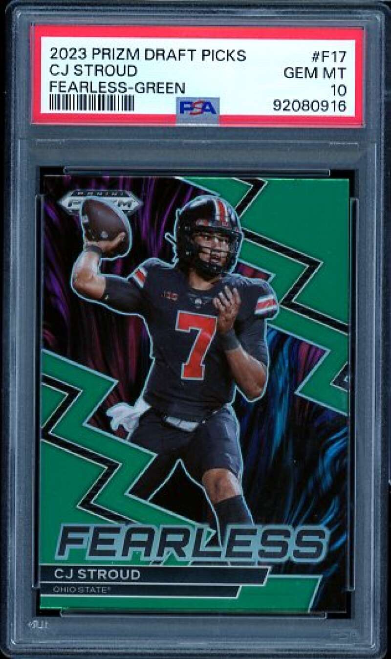 C.J. Stroud Rookie Card 2023 Prizm Draft Picks Fearless Green #F17 PSA 10 Image 1