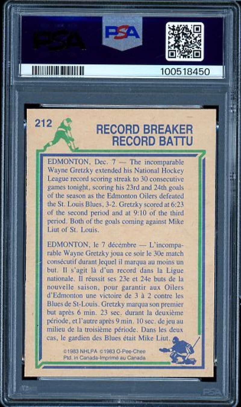 Wayne Gretzky Record Breaker Card 1983-84 O-Pee-Chee #212 PSA 9 Image 2