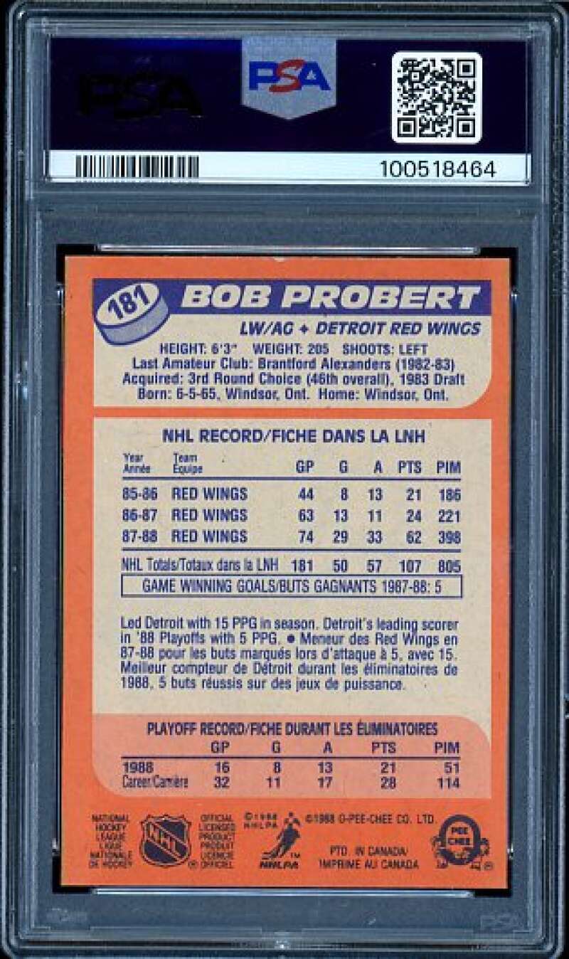 Bob Probert Rookie Card 1988-89 O-Pee-Chee #181 PSA 8 Image 2