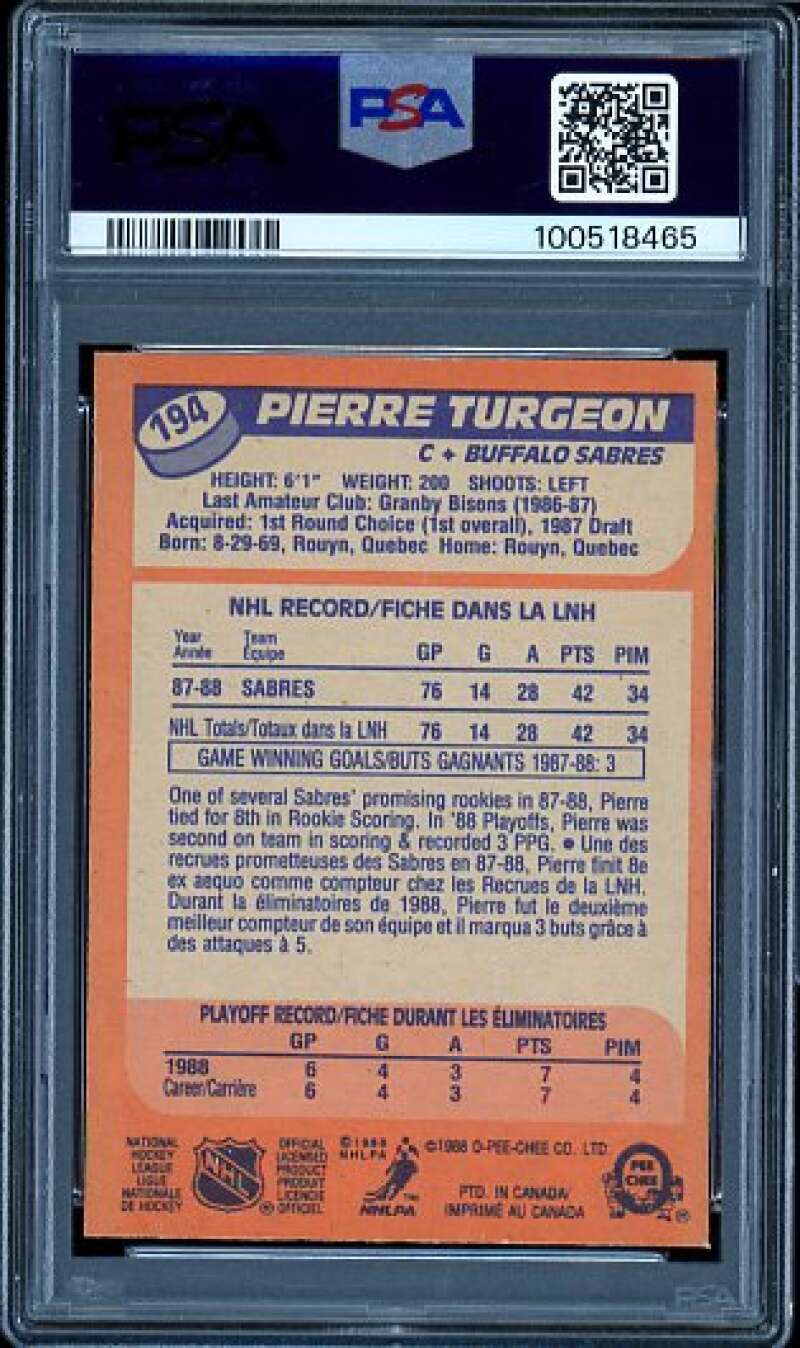 Pierre Turgeon Rookie Card 1988-89 O-Pee-Chee #194 PSA 8 Image 2