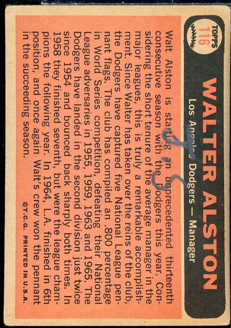 Walter Alston MG Card 1966 Topps #116  Image 2