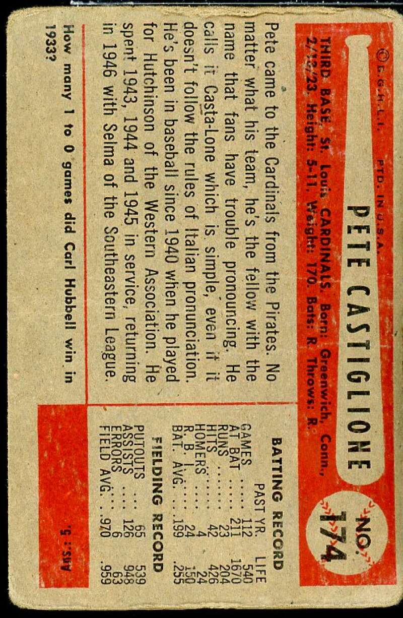 Pete Castiglione/.970/.959 Fielding Avg. Card 1954 Bowman #174B  Image 2