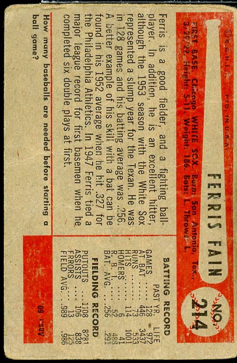 Ferris Fain Card 1954 Bowman #214  Image 2