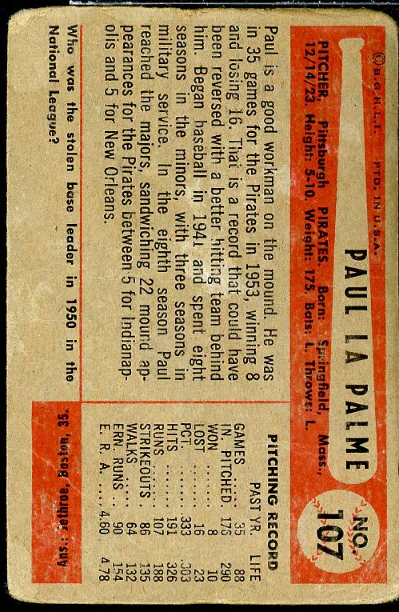 Paul LaPalme Card 1954 Bowman #107  Image 2