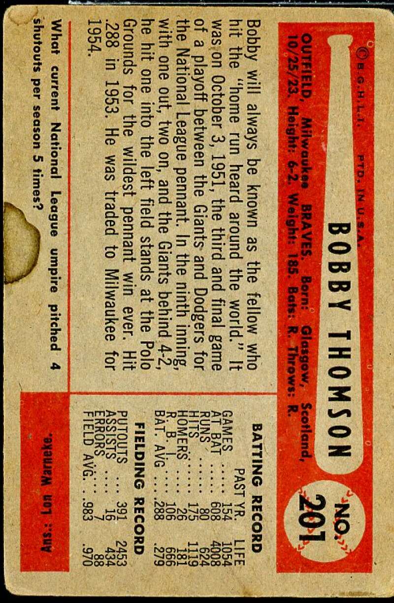 Bobby Thomson Card 1954 Bowman #201  Image 2