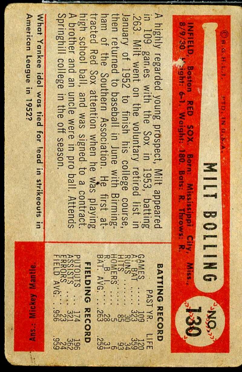 Milt Bolling Card 1954 Bowman #130  Image 2