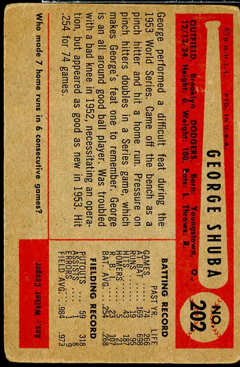 George Shuba Card 1954 Bowman #202  Image 2