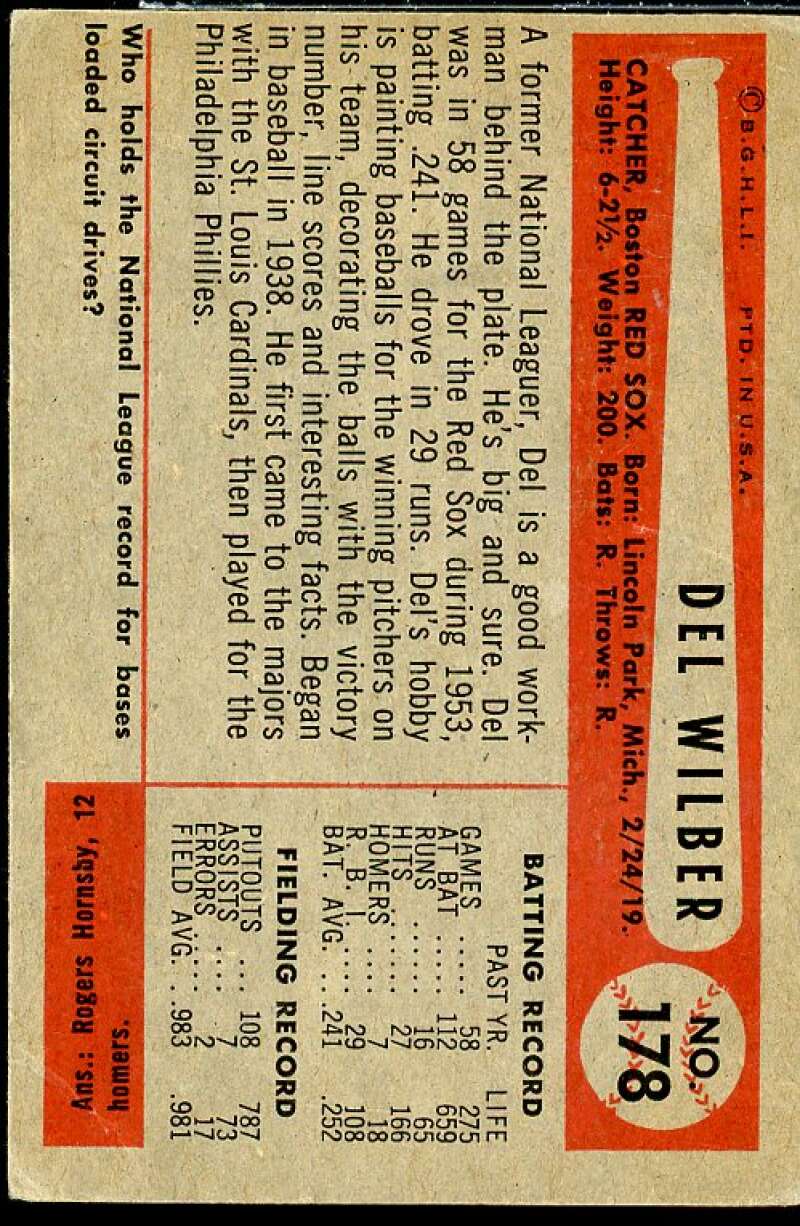 Del Wilber Card 1954 Bowman #178  Image 2