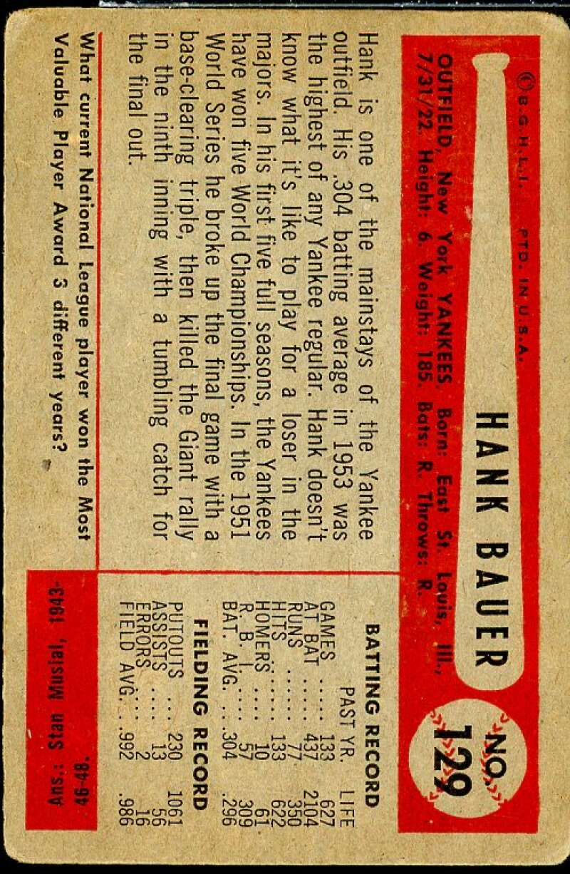 Hank Bauer Card 1954 Bowman #129  Image 2