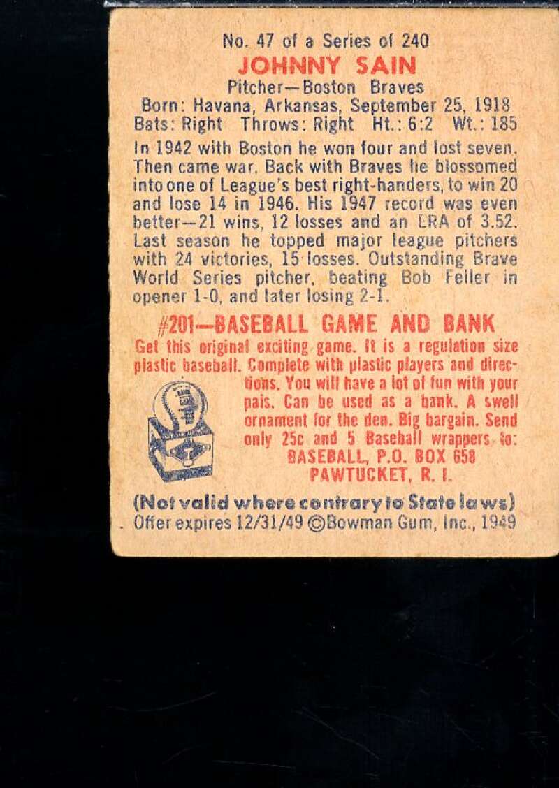 Johnny Sain Card 1949 Bowman #47  Image 2