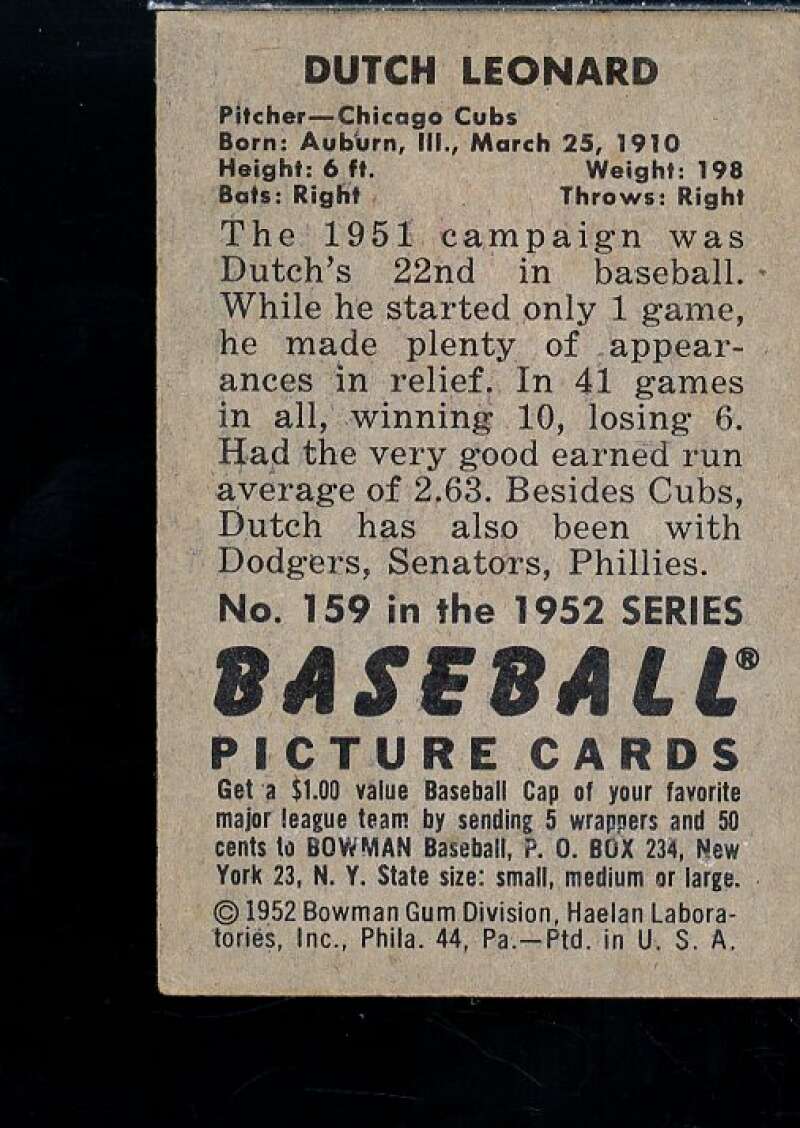 Dutch Leonard Card 1952 Bowman #159  Image 2