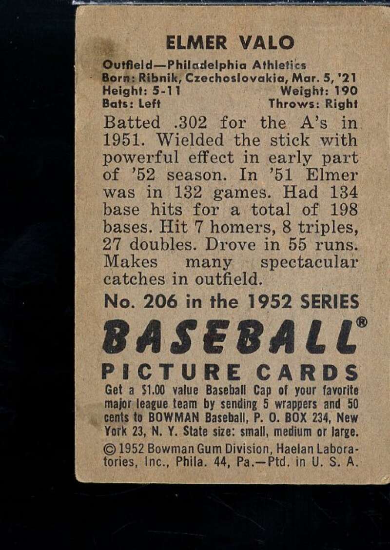 Elmer Valo Card 1952 Bowman #206  Image 2