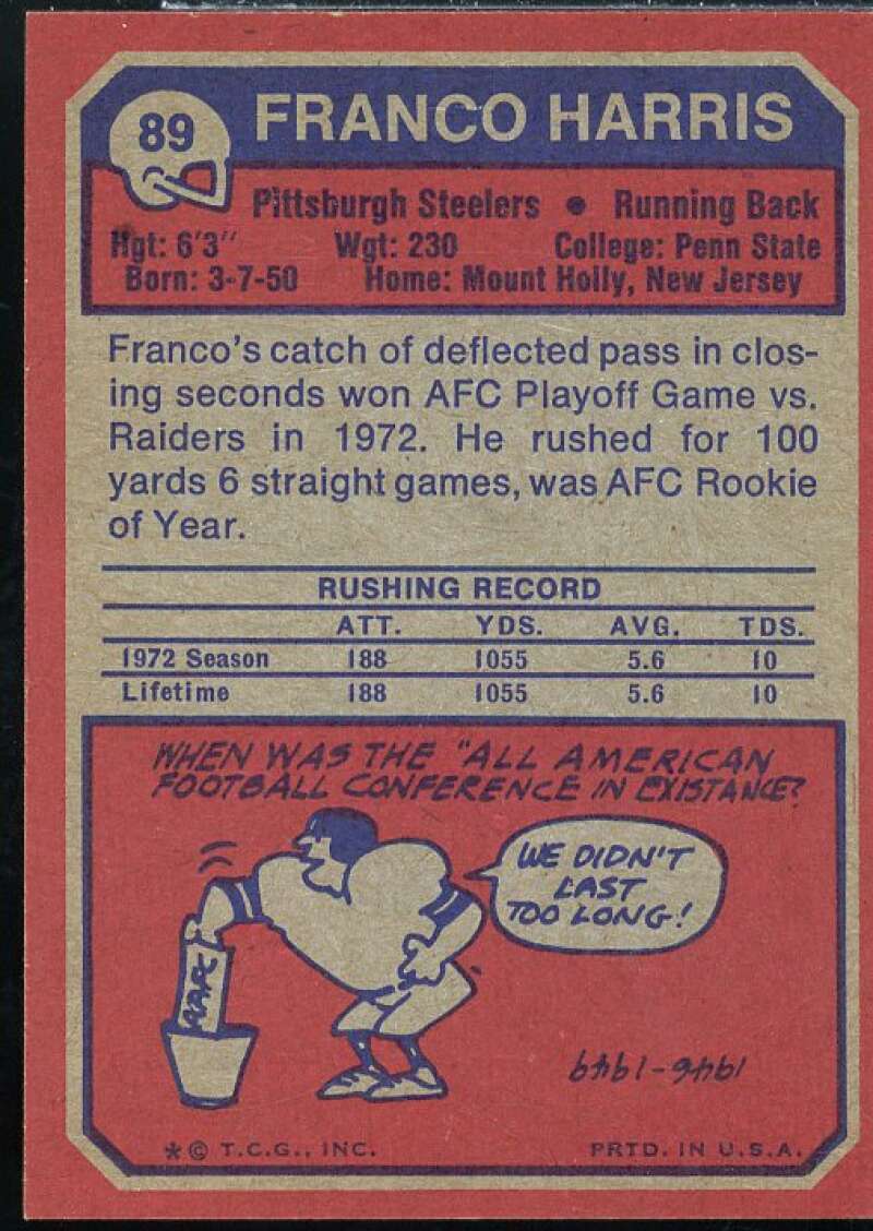 Franco Harris Rookie Card 1973 Topps #89  Image 2