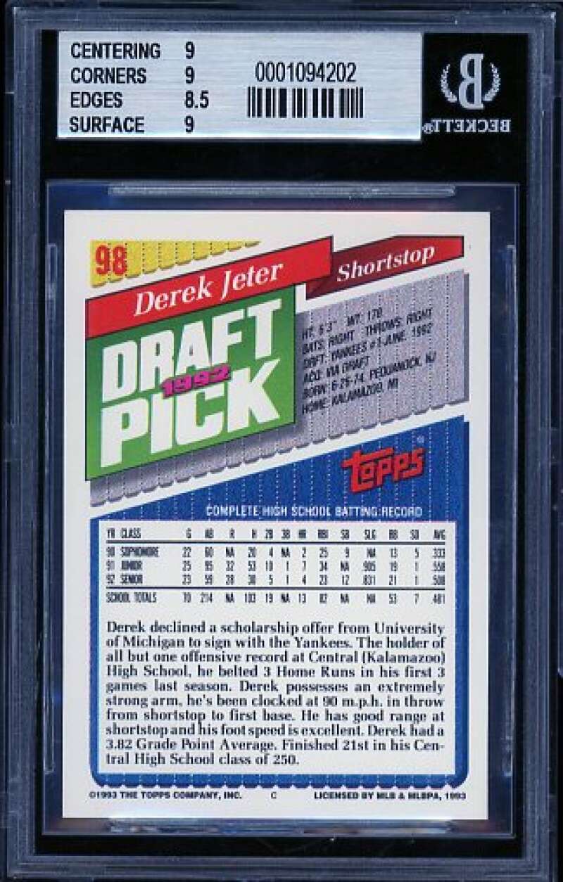 Derek Jeter Rookie Card 1993 Topps #98 BGS 9 Image 2