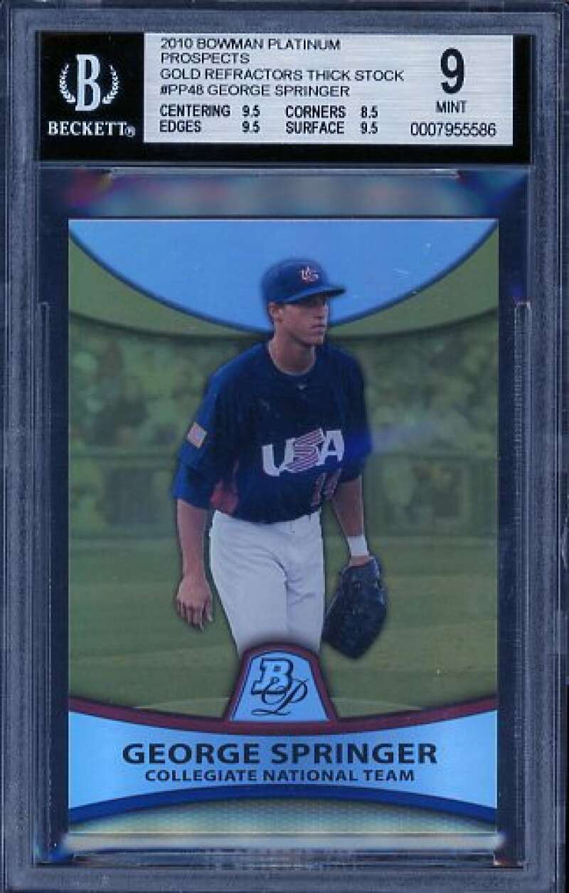 George Springer Rookie 2010 Bowman Platinum Prospects Gold Refractors #48 BGS 9 Image 1