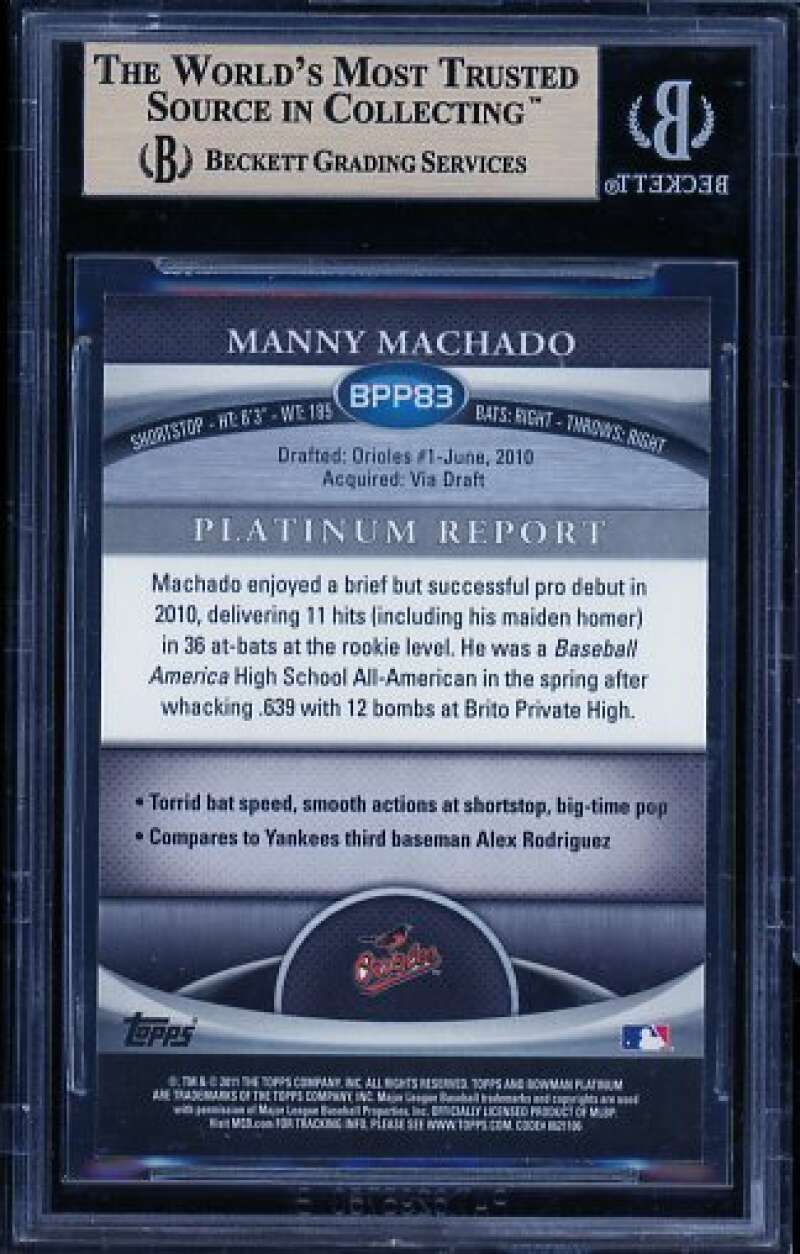 Manny Machado Rookie 2011 Bowman Platinum Prospects Refractors #Bpp83 BGS 9.5 Image 2