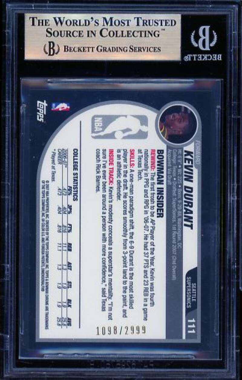 Kevin Durant Rookie Card 2007-08 Bowman Chrome #111 BGS 9.5 Image 2
