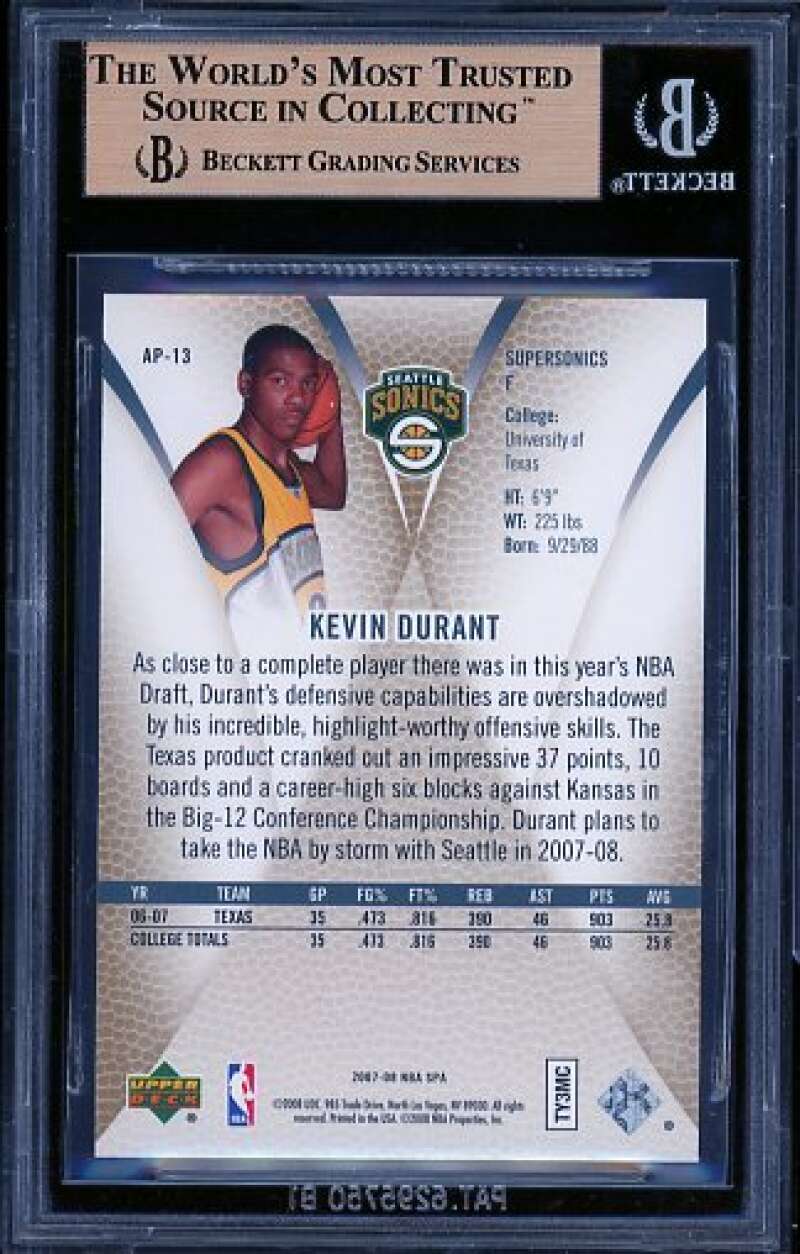 Kevin Durant Rookie Card 2007-08 SP Authentic Profiles #AP-13 BGS 9.5 Image 2