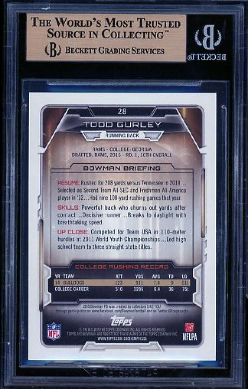 Todd Gurley Rookie Card 2015 Bowman #R28 BGS 9.5 Image 2