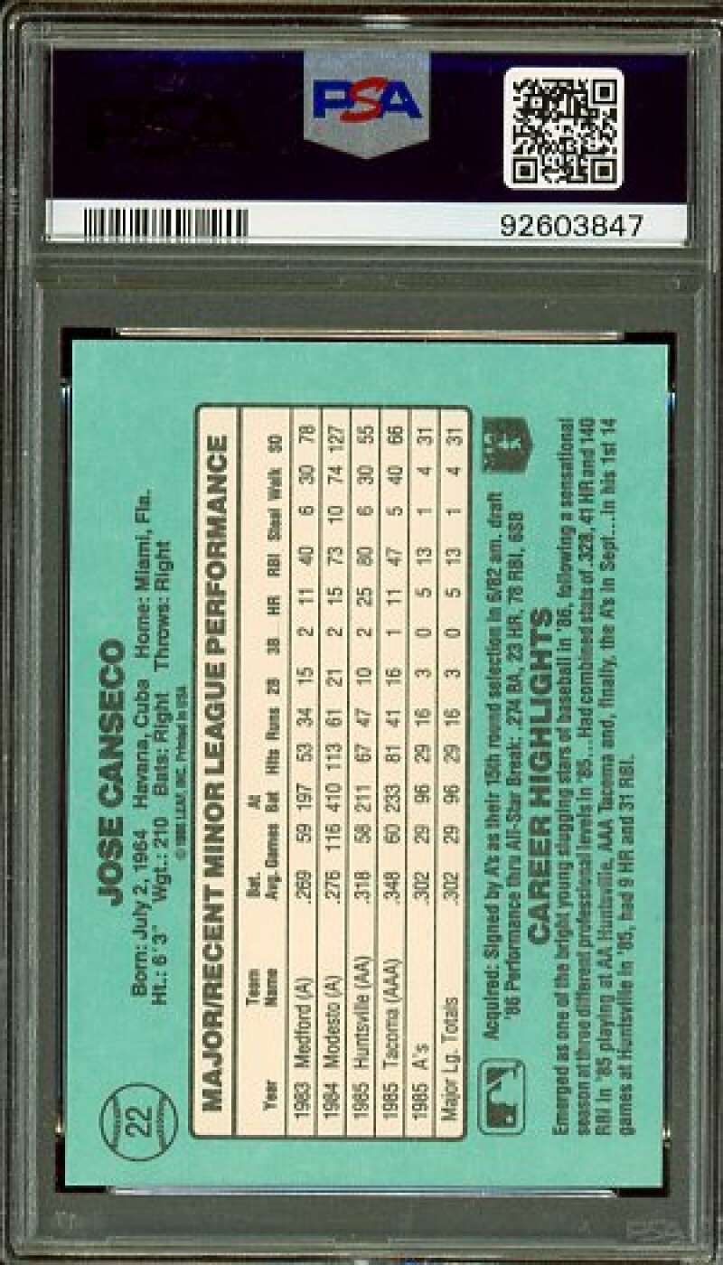 Jose Canseco Rookie Card 1986 Donruss Rookies #22 PSA 10 Image 2