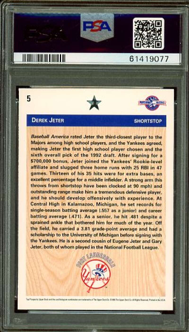 Derek Jeter Rookie Card 1992 U.D. Minor League #5 PSA 9 Image 2