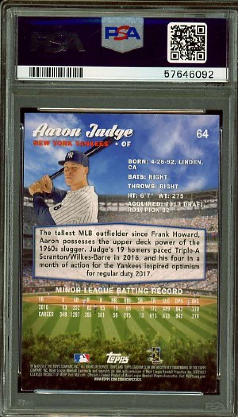 Aaron Judge Rookie Card 2017 Stadium Club #64 PSA 9 Image 2