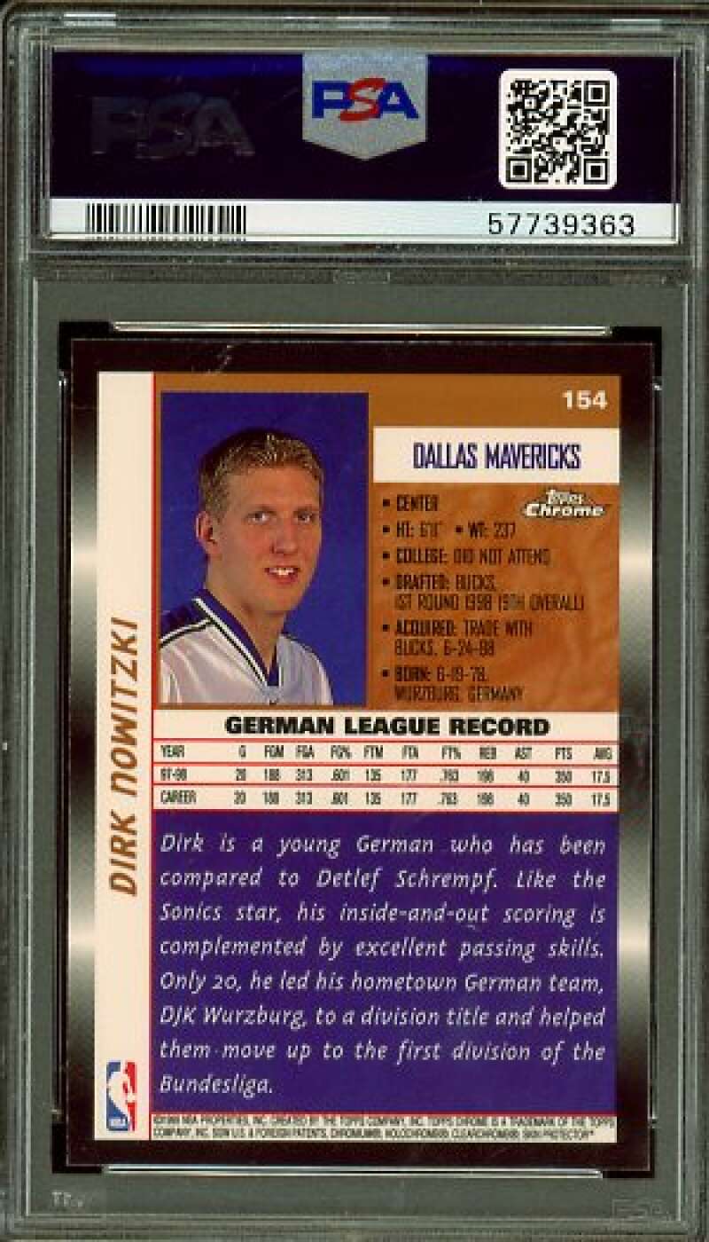 Dirk Nowitzki Rookie Card 1998-99 Topps Chrome #154 PSA 8 Image 2