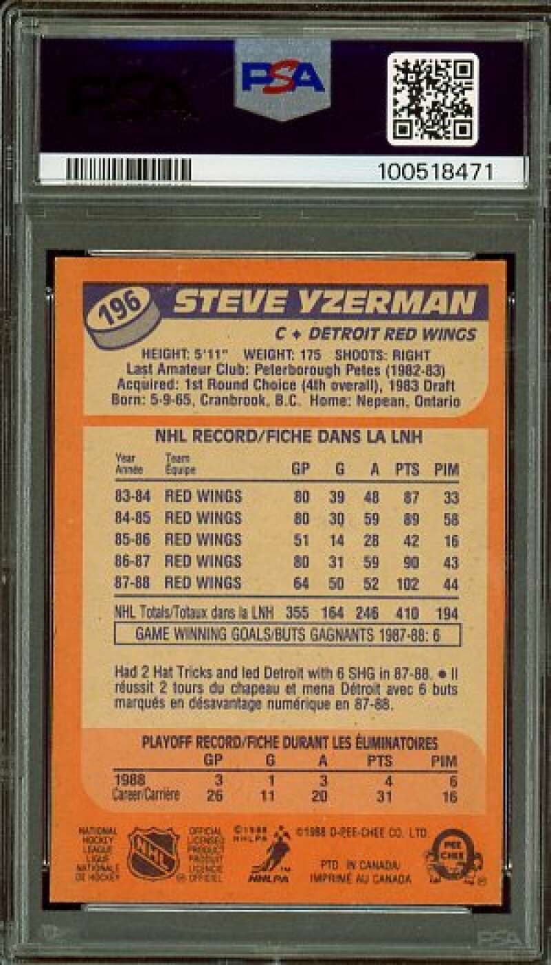 Steve Yzerman Card 1988-89 O-Pee-Chee #196 PSA 9 Image 2