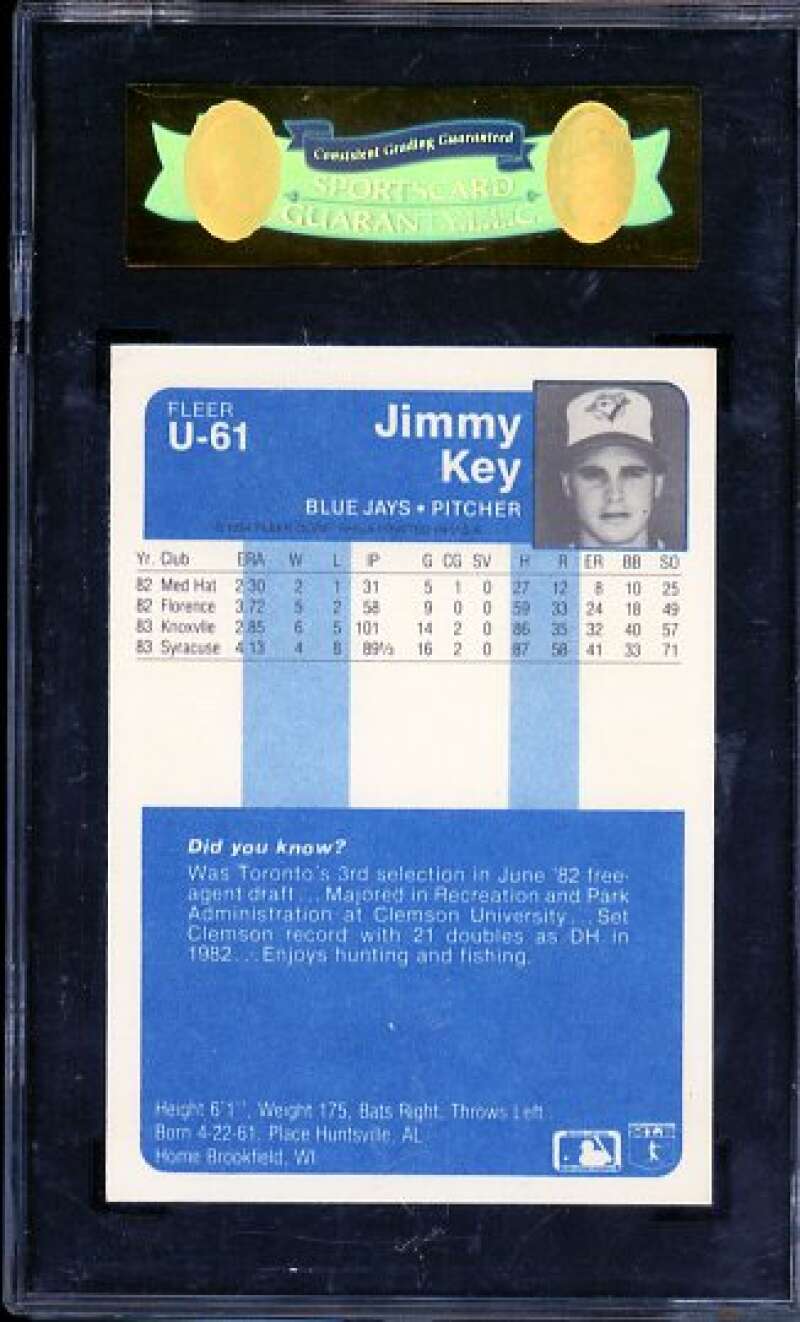 Jimmy Key Rookie Card 1984 Fleer Update U-61 SGC 8.5 Image 2