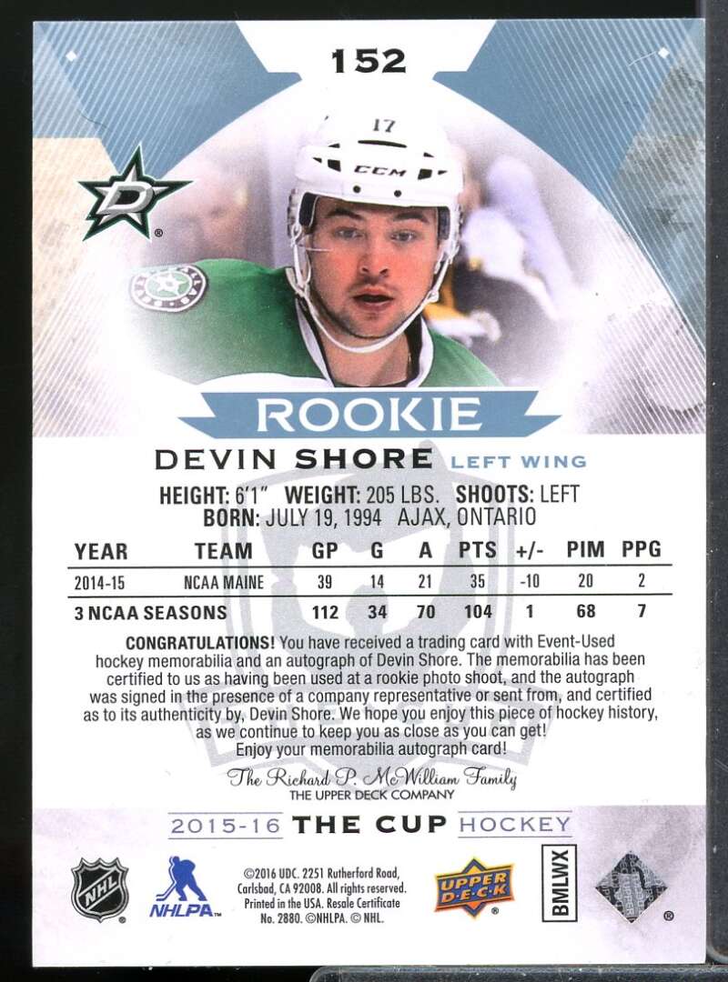 Devin Shore RC Card 2015-16 The Cup Rookie Jersey Patch Autograph #152  Image 2