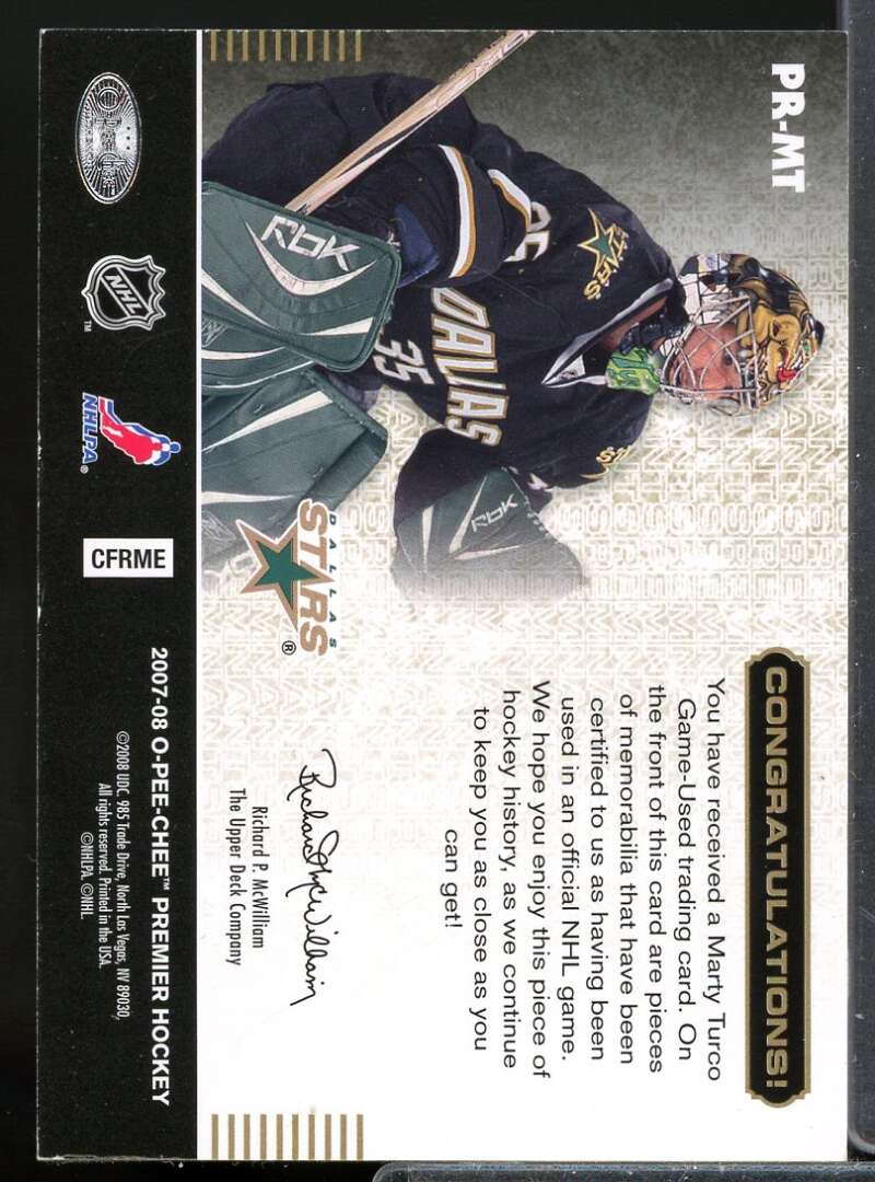 Marty Turco Card 2007-08 OPC Premier Remnants Quad Jersey Patches #PRMT  Image 2