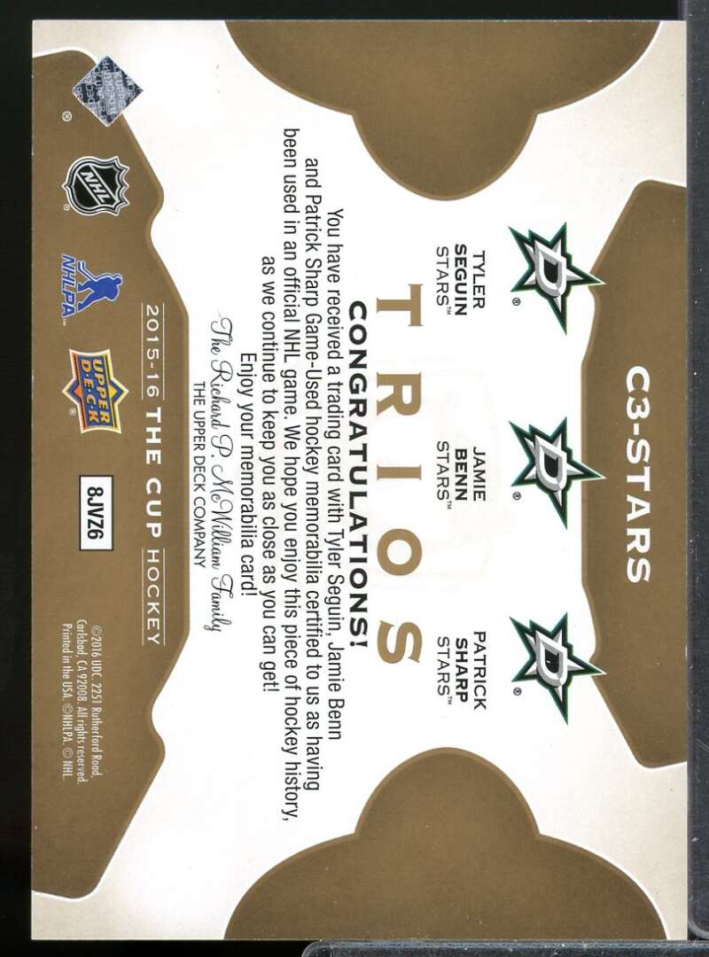 Tyler Seguin Jamie Benn Patrick Sharp 2015-16 The Cup Trios JSY Patch #C3STARS  Image 2