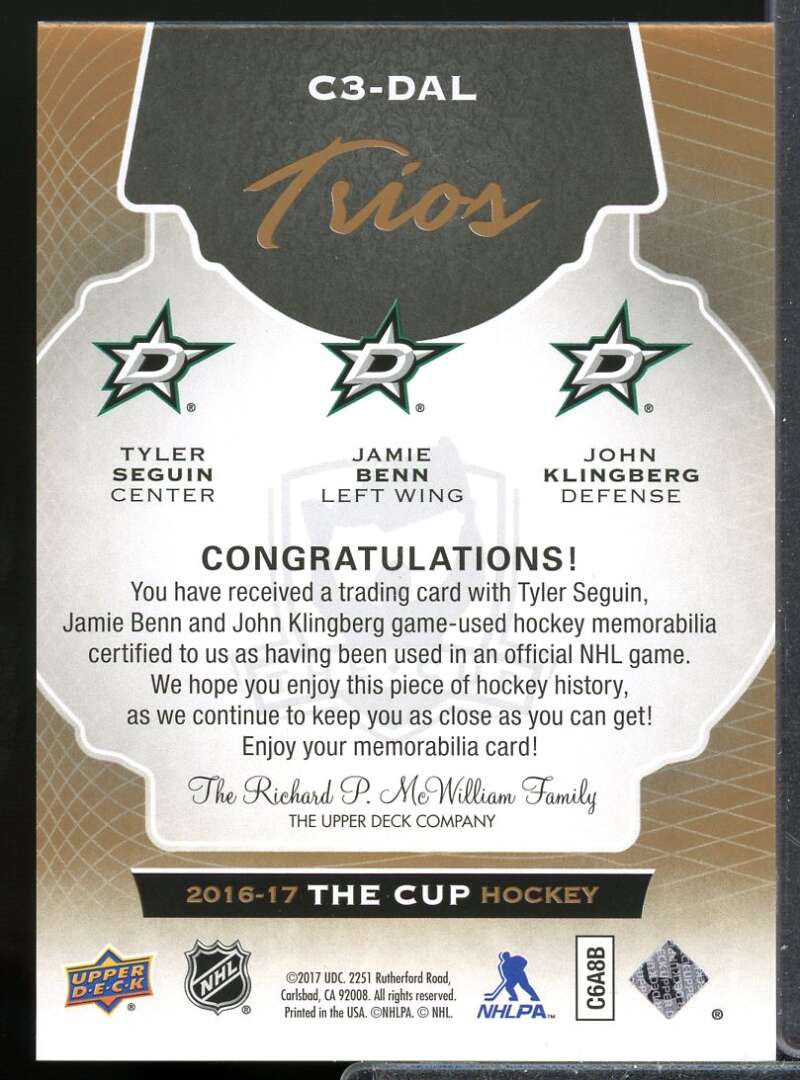 Tyler Seguin Jamie Benn Klingberg 2016-17 The Cup Trios JSY Patch Gold #C3DAL  Image 2