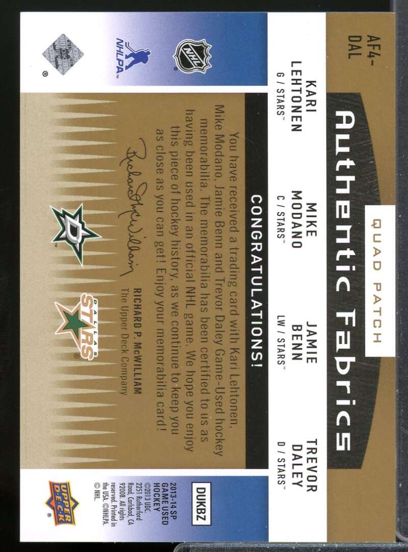 Modano Lehtonen Benn Daley 2013 SP Authentic Fabrics Quad Jersey Patch #AF4DAL  Image 2