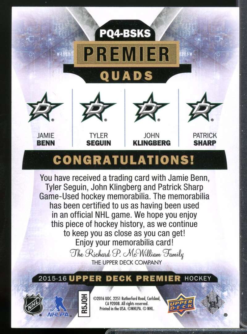 Benn Seguin Klingberg Sharp 2015 Upper Deck Premier Quads Jersey Patch #PQ4BSKS  Image 2