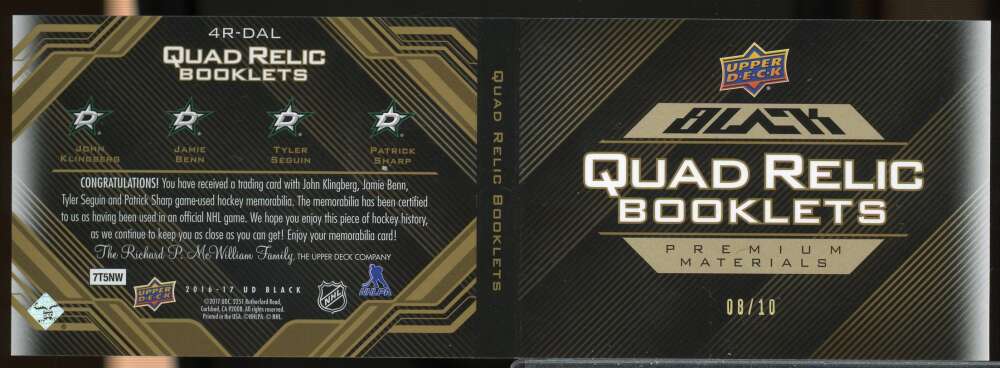 Klingberg Benn Seguin Sharp /10 2016 UD Black Quad Jersey Patch Premium #4RDAL  Image 1