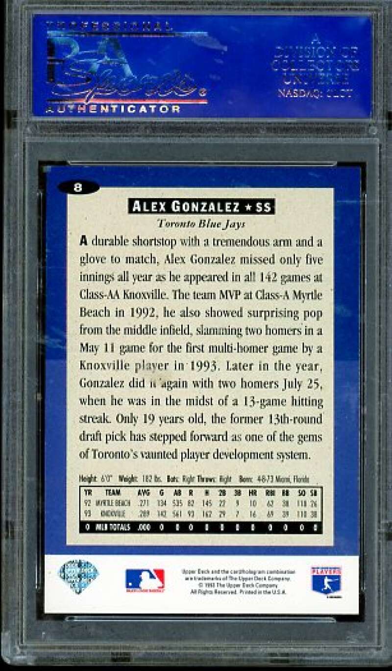 Alex Gonzalez Rookie Card 1994 Collector's Choice #8 PSA 8 (scratched holder) Image 2