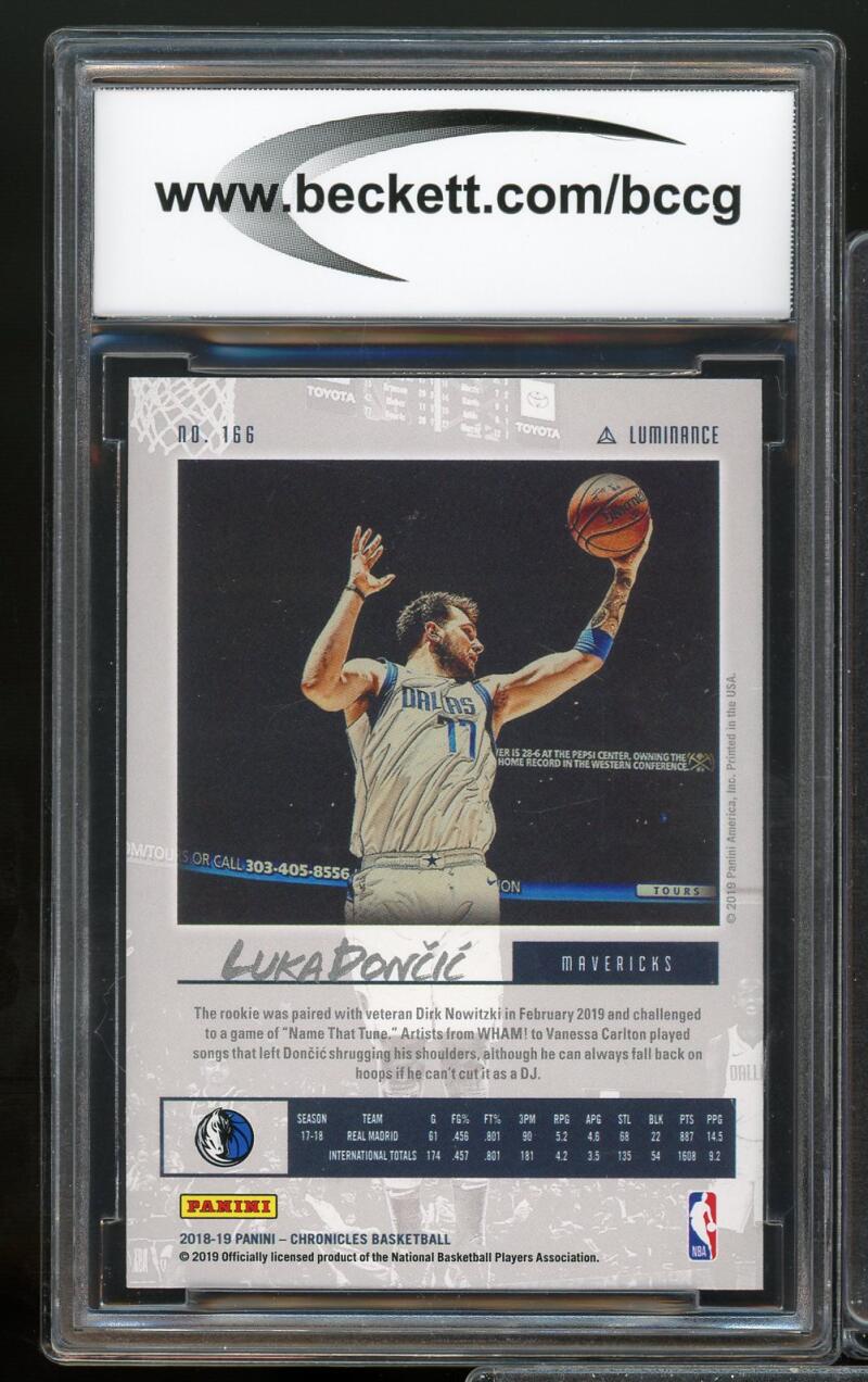 2018-19 Chronicles Luminance #166 Luka Doncic Rookie Card BGS BCCG 10 Mint+ Image 2