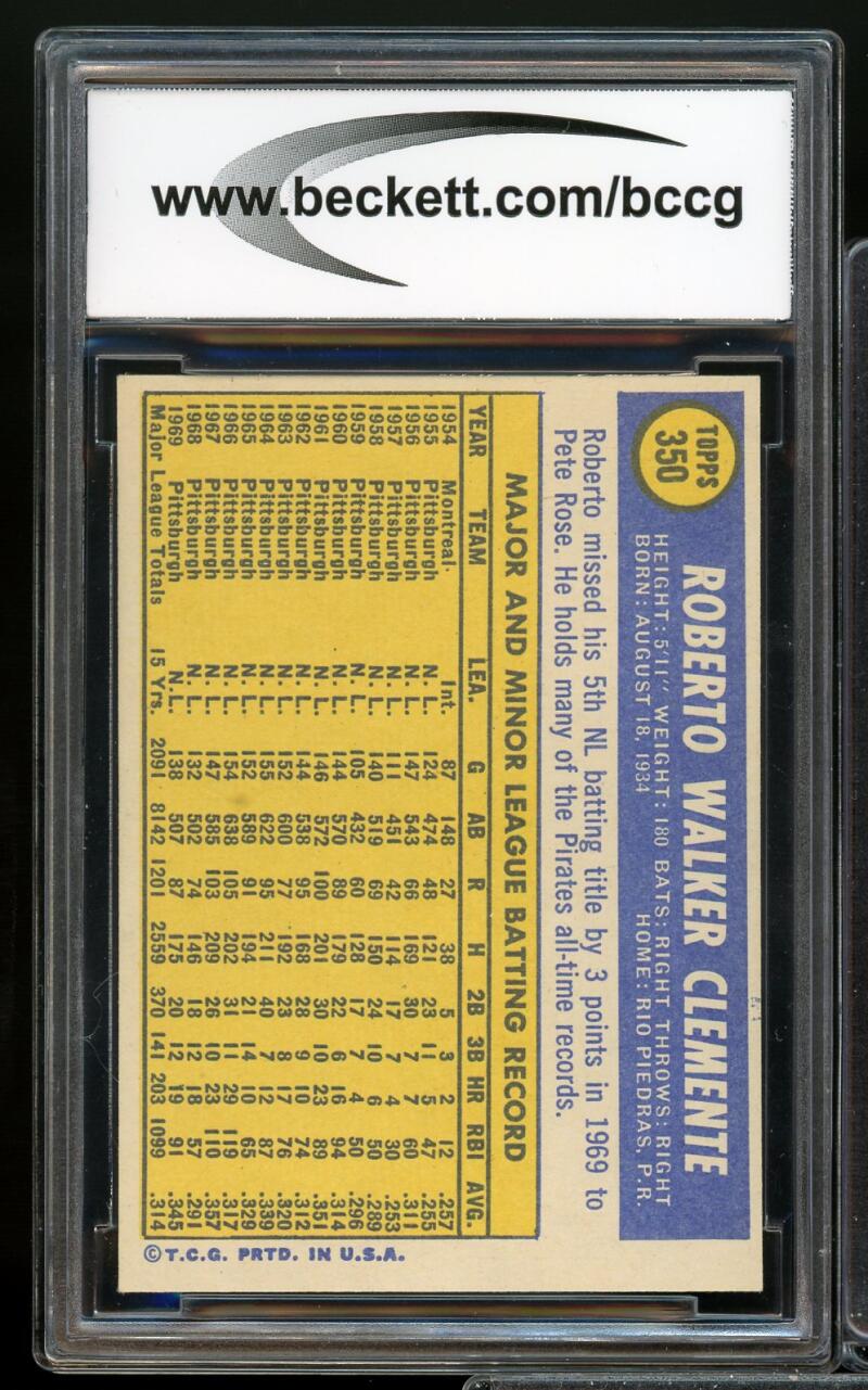 1970 Topps #350 Roberto Clemente Card BGS BCCG 9 Near Mint+ Image 2