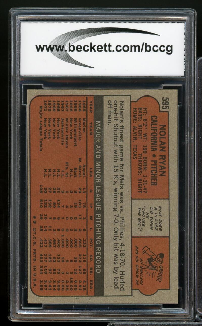 1972 Topps #595 Nolan Ryan Card BGS BCCG 9 Near Mint+ Image 2