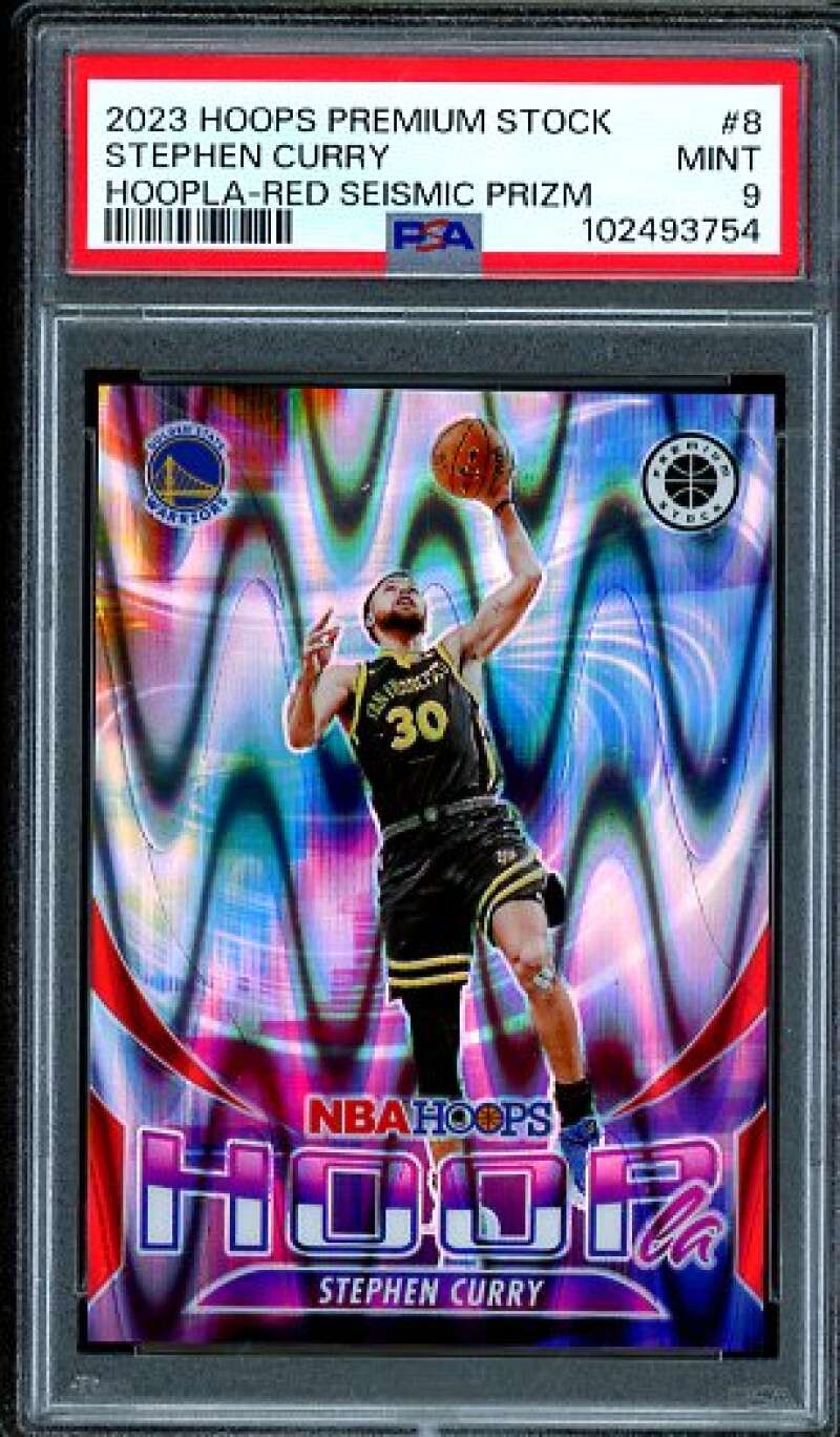 Stephen Curry 2023-24 Hoops Premium Stock Hoopla Red Seismic Prizm #8 PSA 9 Image 1