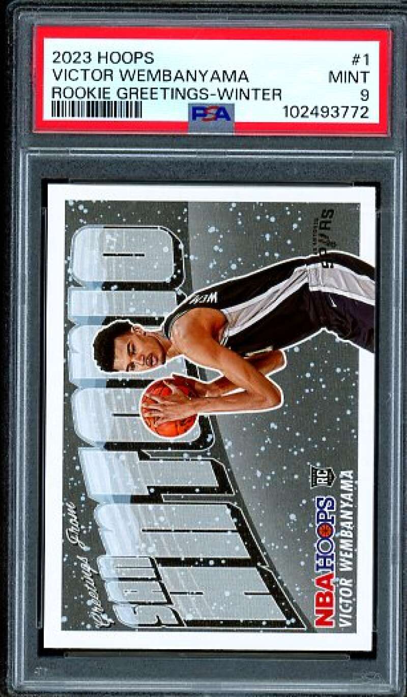 Victor Wembanyama Rookie Card 2023-24 Hoops Rookie Greetings Winter #1 PSA 9 Image 1