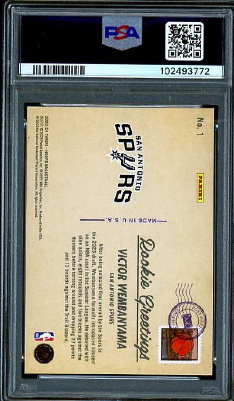 Victor Wembanyama Rookie Card 2023-24 Hoops Rookie Greetings Winter #1 PSA 9 Image 2