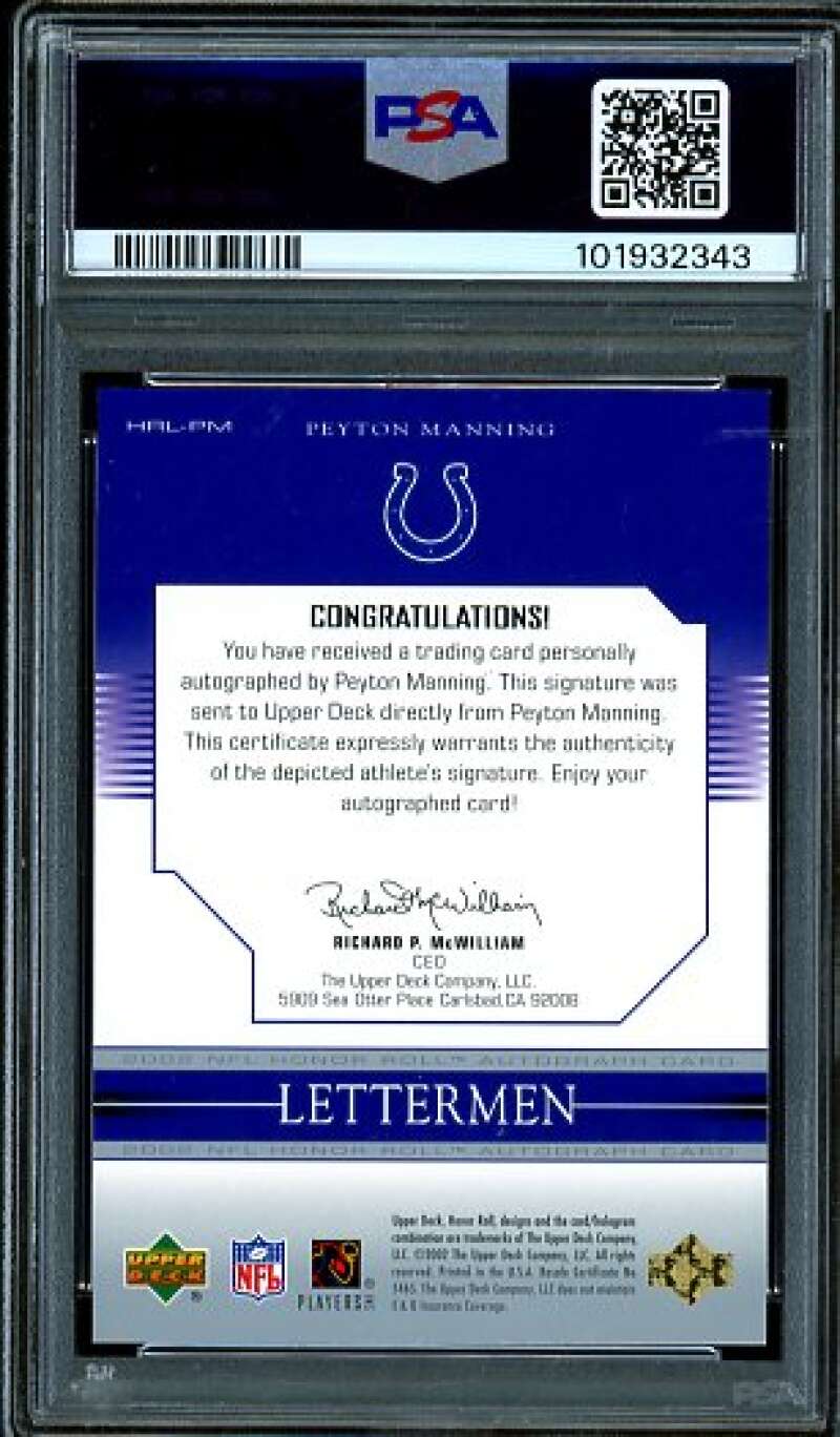 Peyton Manning 2002 U.D. Honor Roll Letterman Autographs (pop 9) #HRLPM PSA 9 Image 2