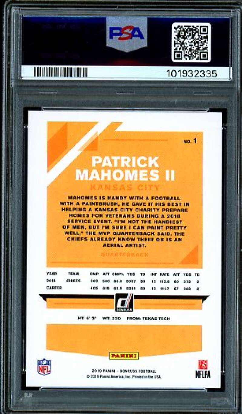 Patrick Mahomes II Card 2019 Panini Donruss Press Proof Yellow (pop 4) #1 PSA 9 Image 2