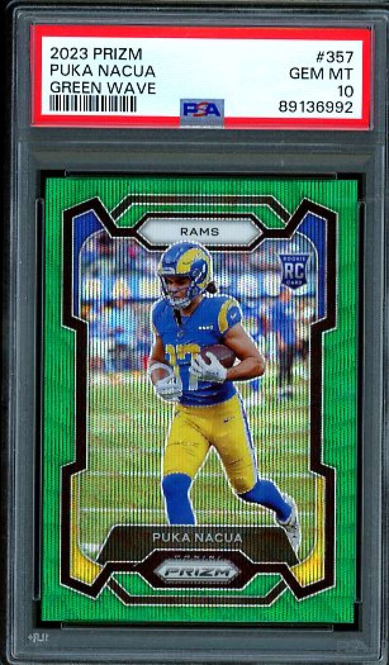 Puka Nacua Rookie Card 2023 Prizm Green Wave #357 PSA 10 Image 1