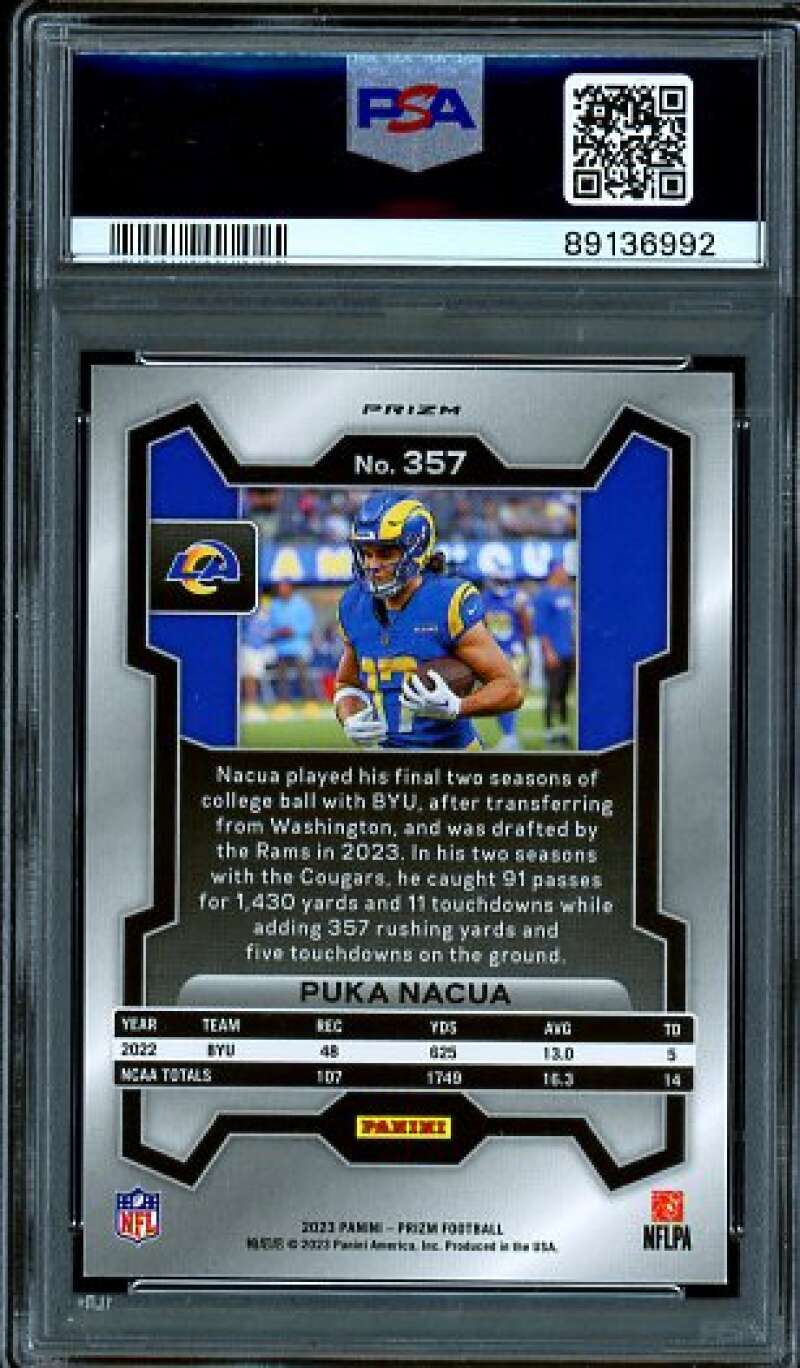 Puka Nacua Rookie Card 2023 Prizm Green Wave #357 PSA 10 Image 2