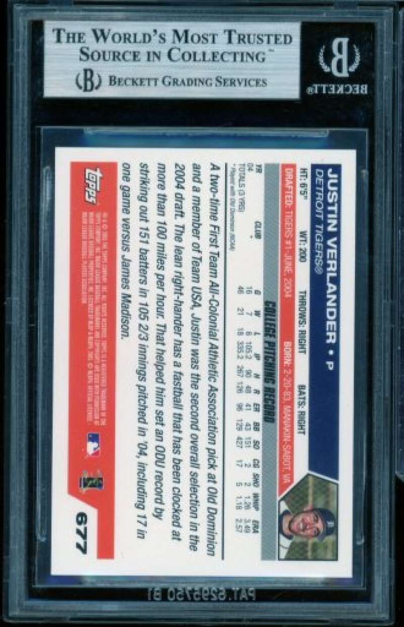 Justin Verlander Rookie Card 2005 Topps #677 BGS 9 Image 2