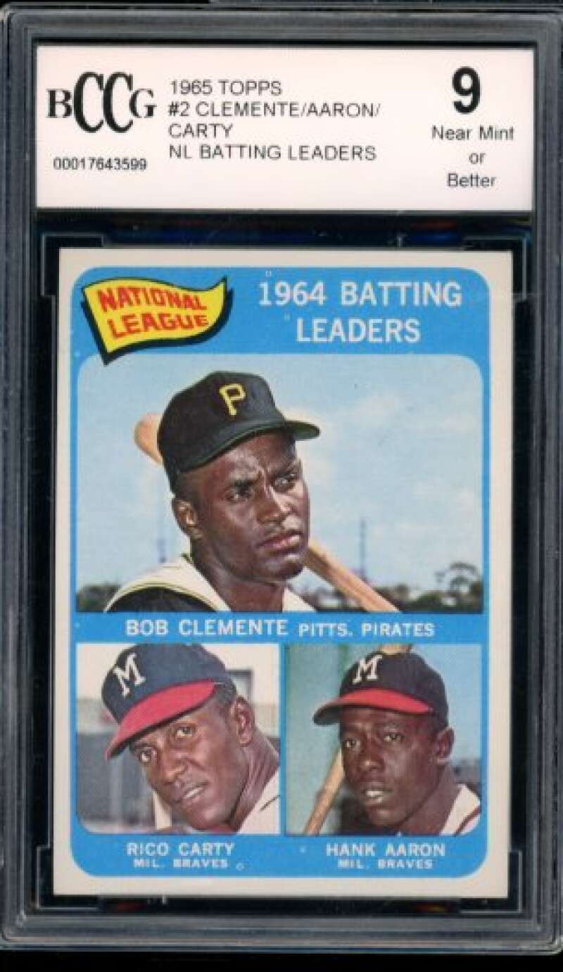 1965 Topps #2 Clemente/Aaron/Carty NL Batting Leaders Card BGS BCCG 9 Near Mint+ Image 1