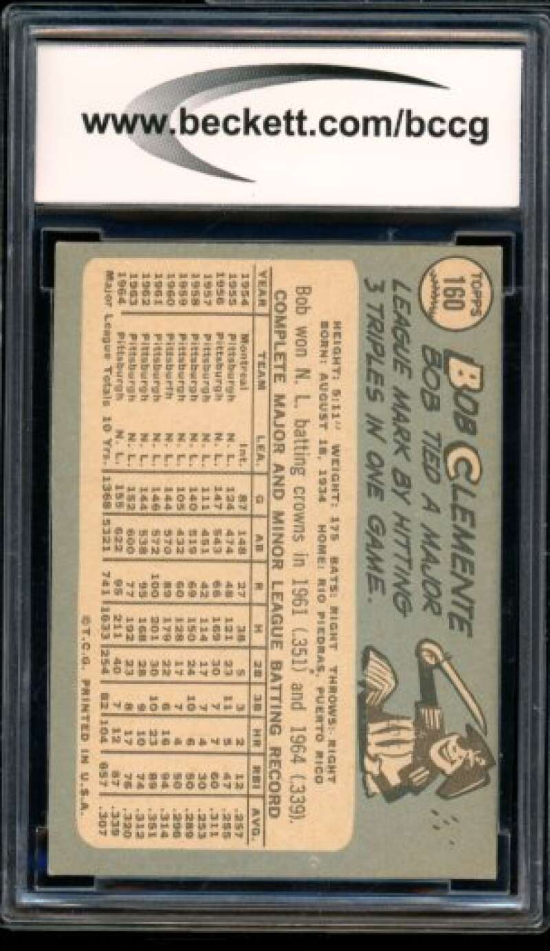 1965 Topps #160 Roberto Clemente Card BGS BCCG 8 Excellent+ Image 2